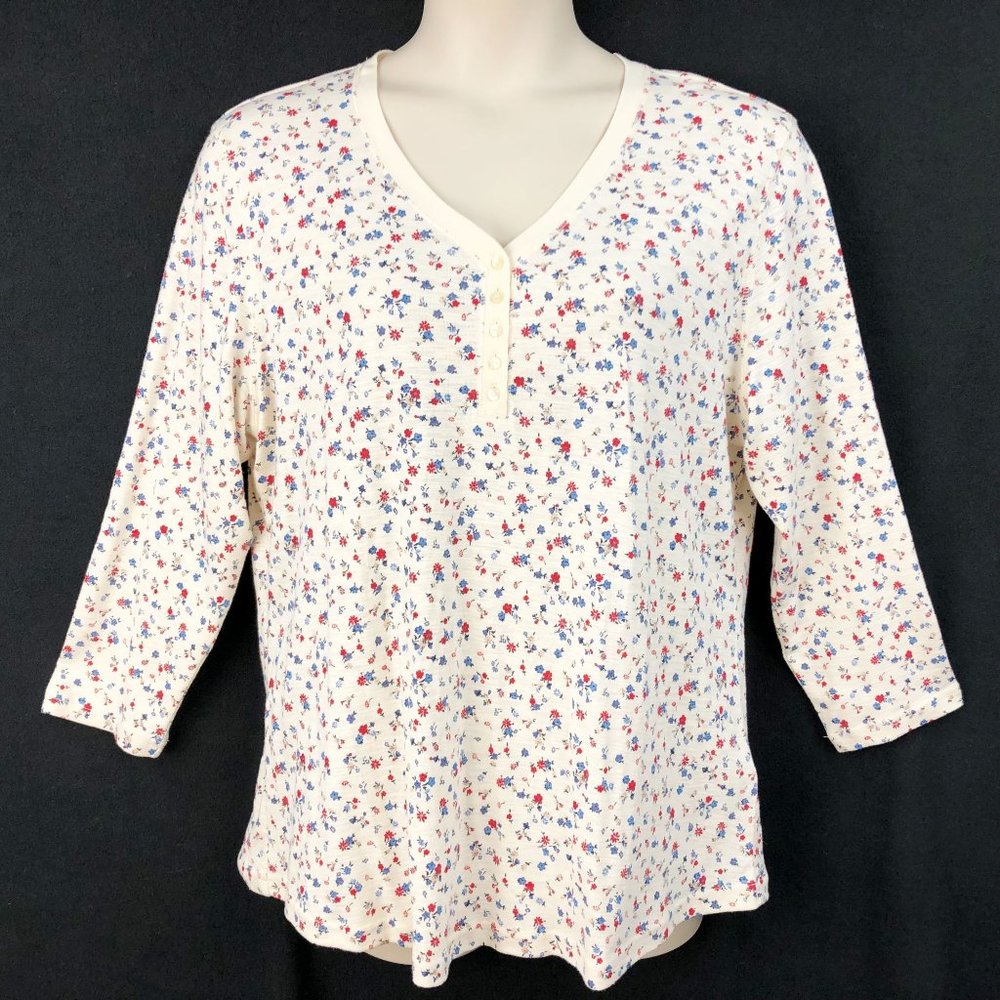 CHAPS XXL Cream Blue Red Floral V Neck Long Sleeve Henley Top Button Tab NEW